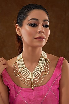 Gold Finish Moissanite Polki & Pearl Beaded Mala In Sterling Silver