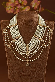 Gold Finish Moissanite Polki & Pearl Beaded Mala In Sterling Silver