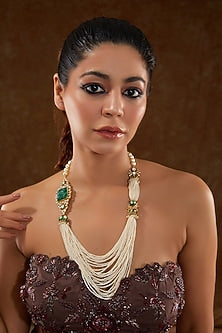 Gold Finish Moissanite Polki & Emerald Long Necklace In Sterling Silver
