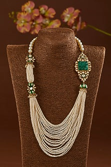 Gold Finish Moissanite Polki & Emerald Long Necklace In Sterling Silver