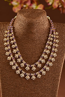 Gold Finish Moissanite Polki & Amethyst Necklace Set In Sterling Silver