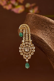 Yellow Gold Finish Moissanite Polki & Emerald Synthetic Stone Pendant In Sterling Silver