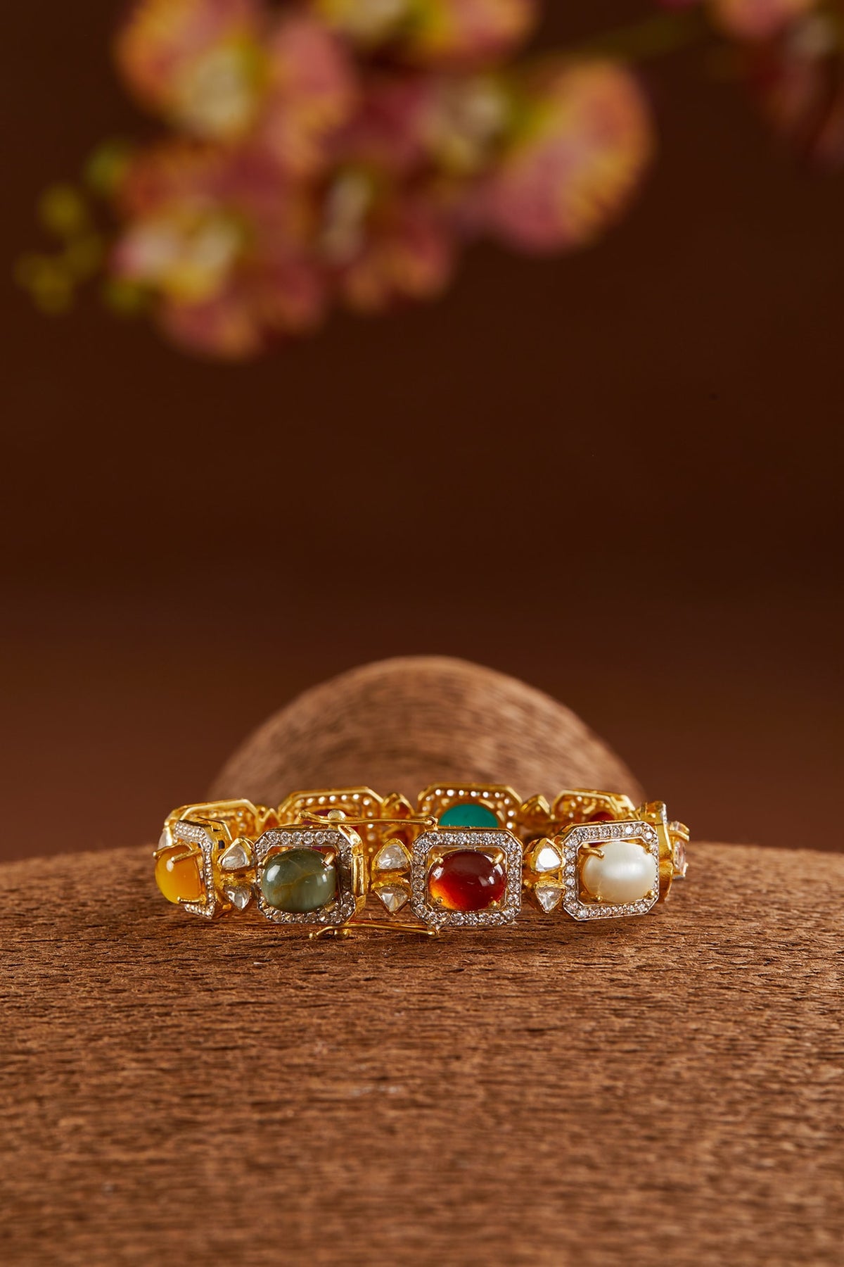 Yellow Gold Finish Moissanite Polki & Navratna Stone Bracelet In Sterling Silver