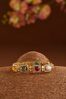Yellow Gold Finish Moissanite Polki & Navratna Stone Bracelet In Sterling Silver