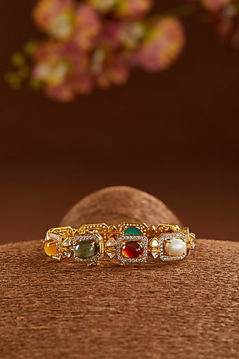 Yellow Gold Finish Moissanite Polki & Navratna Stone Bracelet In Sterling Silver