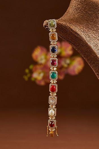 Yellow Gold Finish Moissanite Polki & Navratna Stone Bracelet In Sterling Silver