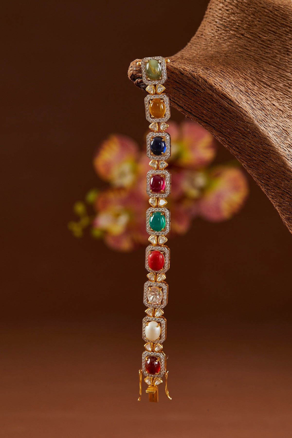 Yellow Gold Finish Moissanite Polki & Navratna Stone Bracelet In Sterling Silver
