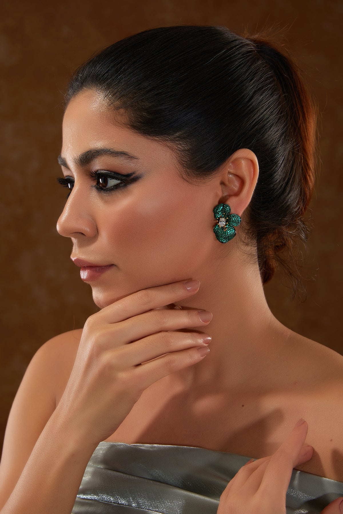 Black Rhodium Finish Zircon & Emerald Stone Stud Earrings In Sterling Silver