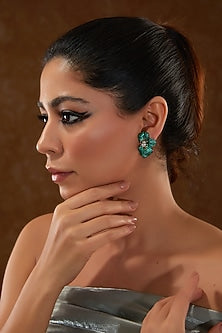 Black Rhodium Finish Zircon & Emerald Stone Stud Earrings In Sterling Silver