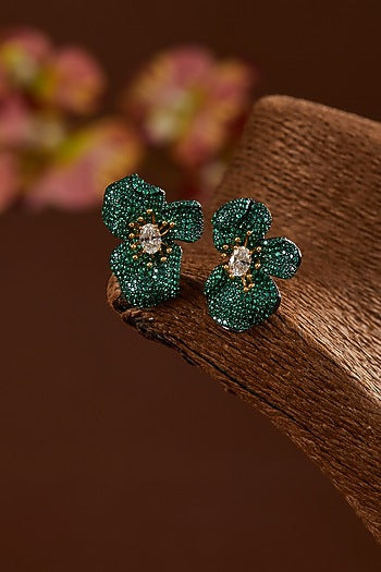 Black Rhodium Finish Zircon & Emerald Stone Stud Earrings In Sterling Silver