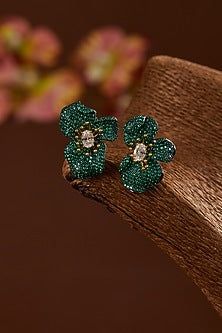 Black Rhodium Finish Zircon & Emerald Stone Stud Earrings In Sterling Silver