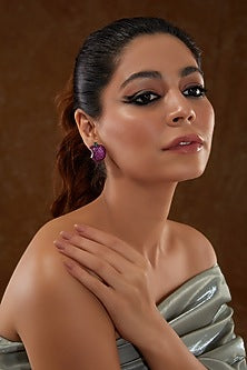 White Rhodium Finish Zircon & Synthetic Ruby Stone Stud Earrings In Sterling Silver