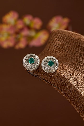 White Gold Finish Zircon & Synthetic Emerald Stone Stud Earrings In Sterling Silver