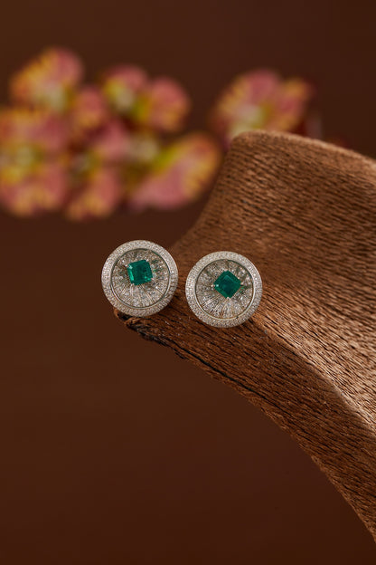 White Gold Finish Zircon & Synthetic Emerald Stone Stud Earrings In Sterling Silver