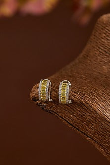 White Gold Finish Zircon & Yellow Topaz Stone Hoop Earrings In Sterling Silver