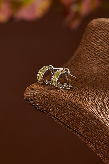 White Gold Finish Zircon & Yellow Topaz Stone Hoop Earrings In Sterling Silver