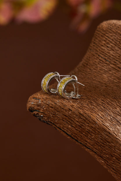White Gold Finish Zircon & Yellow Topaz Stone Hoop Earrings In Sterling Silver