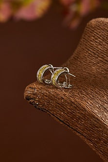 White Gold Finish Zircon & Yellow Topaz Stone Hoop Earrings In Sterling Silver