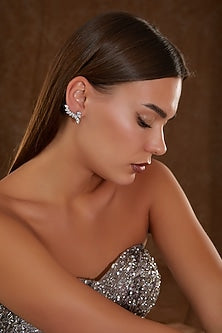 White Gold Finish Zircon Stud Earcuffs In Sterling Silver