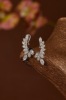 White Gold Finish Zircon Stud Earcuffs In Sterling Silver