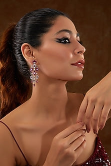 White Gold Finish Zircon & Synthetic Ruby Stone Dangler Earrings In Sterling Silver