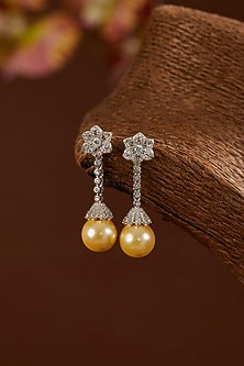 White Gold Finish Zircon & Yellow Freshwater Pearl Dangler Earrings In Sterling Silver