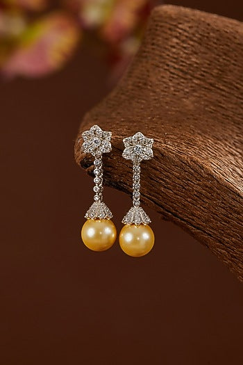 White Gold Finish Zircon & Yellow Freshwater Pearl Dangler Earrings In Sterling Silver