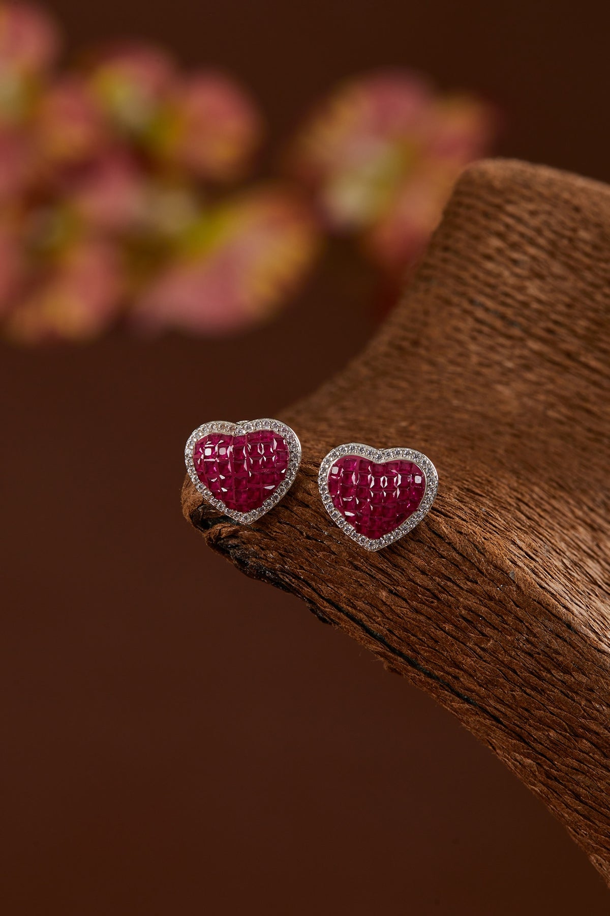 White Gold Finish Zircon & Synthetic Ruby Stone Stud Earrings In Sterling Silver