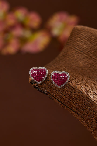 White Gold Finish Zircon & Synthetic Ruby Stone Stud Earrings In Sterling Silver