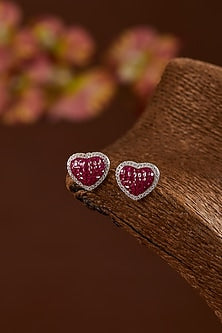 White Gold Finish Zircon & Synthetic Ruby Stone Stud Earrings In Sterling Silver