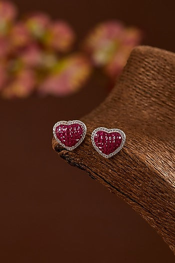 White Gold Finish Zircon & Synthetic Ruby Stone Stud Earrings In Sterling Silver