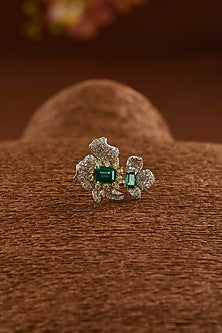 White Gold Finish Zircon & Emerald Synthetic Stone Ring In Sterling Silver