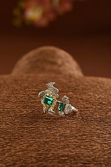 White Gold Finish Zircon & Emerald Synthetic Stone Ring In Sterling Silver
