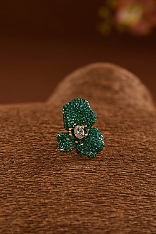 Black Rhodium Finish Zircon & Emerald Synthetic Stone Ring In Sterling Silver