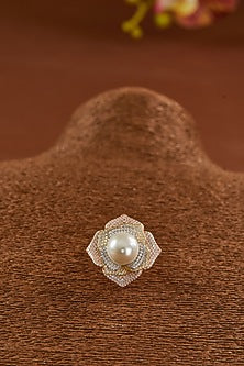 White Gold Finish Zircon & Freshwater Pearl Ring In Sterling Silver