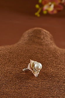 White Gold Finish Zircon & Freshwater Pearl Ring In Sterling Silver