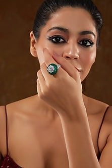 White Gold Finish Zircon & Synthetic Emerald Stone Ring In Sterling Silver