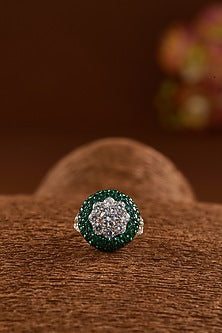 White Gold Finish Zircon & Synthetic Emerald Stone Ring In Sterling Silver
