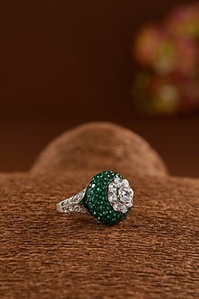 White Gold Finish Zircon & Synthetic Emerald Stone Ring In Sterling Silver
