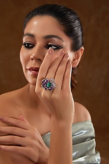 White Gold Finish Zircon & Synthetic Emerald Stone Ring In Sterling Silver