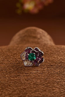 White Gold Finish Zircon & Synthetic Emerald Stone Ring In Sterling Silver