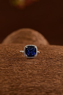 White Gold Finish Zircon & Synthetic Sapphire Stone Ring In Sterling Silver