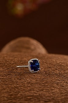 White Gold Finish Zircon & Synthetic Sapphire Stone Ring In Sterling Silver