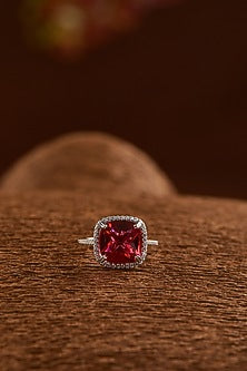 White Gold Finish Zircon & Synthetic Ruby Stone Ring In Sterling Silver