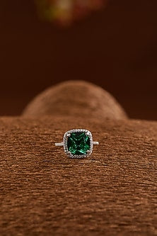 White Gold Finish Zircon & Synthetic Emerald Stone Ring In Sterling Silver
