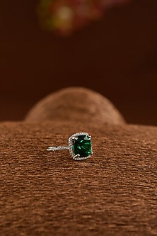 White Gold Finish Zircon & Synthetic Emerald Stone Ring In Sterling Silver