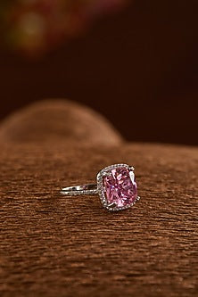 White Gold Finish Zircon & Synthetic Ruby Stone Ring In Sterling Silver
