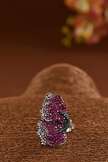 Black Rhodium Finish Zircon & Synthetic Ruby Stone Ring In Sterling Silver
