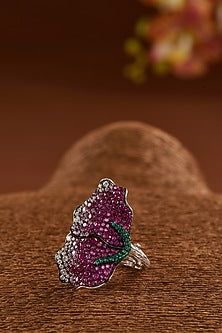 Black Rhodium Finish Zircon & Synthetic Ruby Stone Ring In Sterling Silver