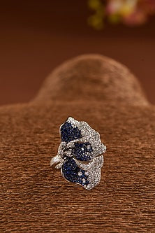 White Gold Finish Zircon & Synthetic Sapphire Stone Ring In Sterling Silver